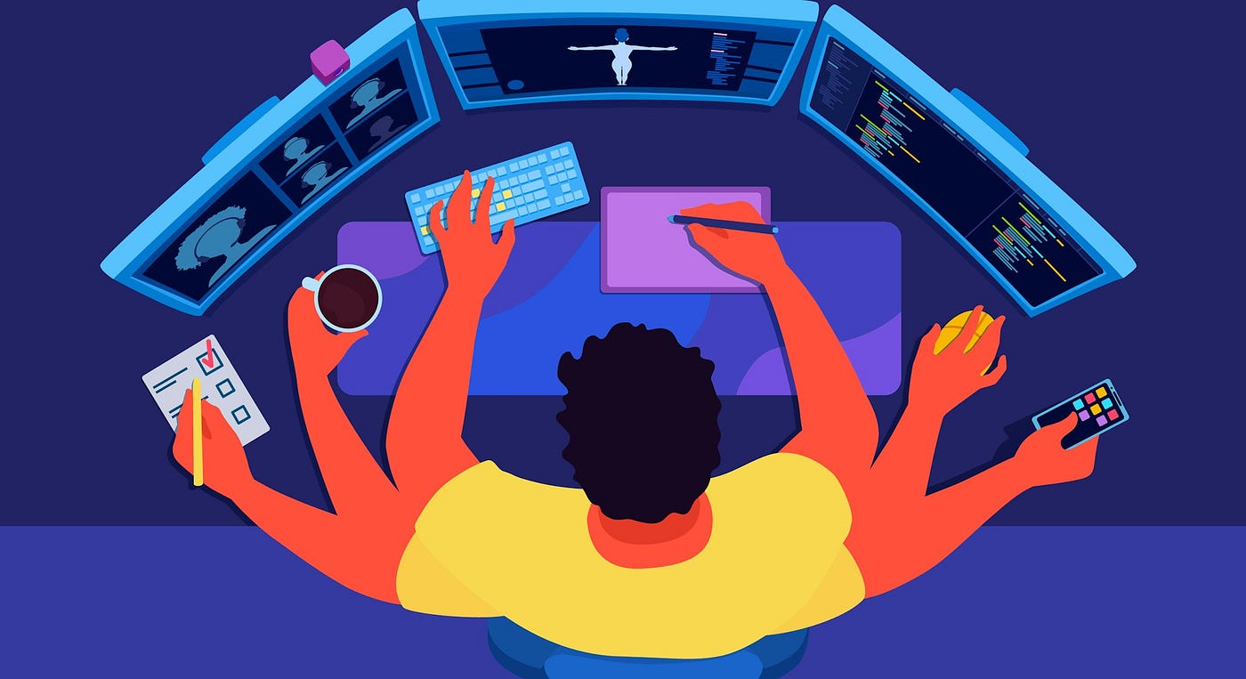 Indie game developer working alone on a laptop with creative sketches around