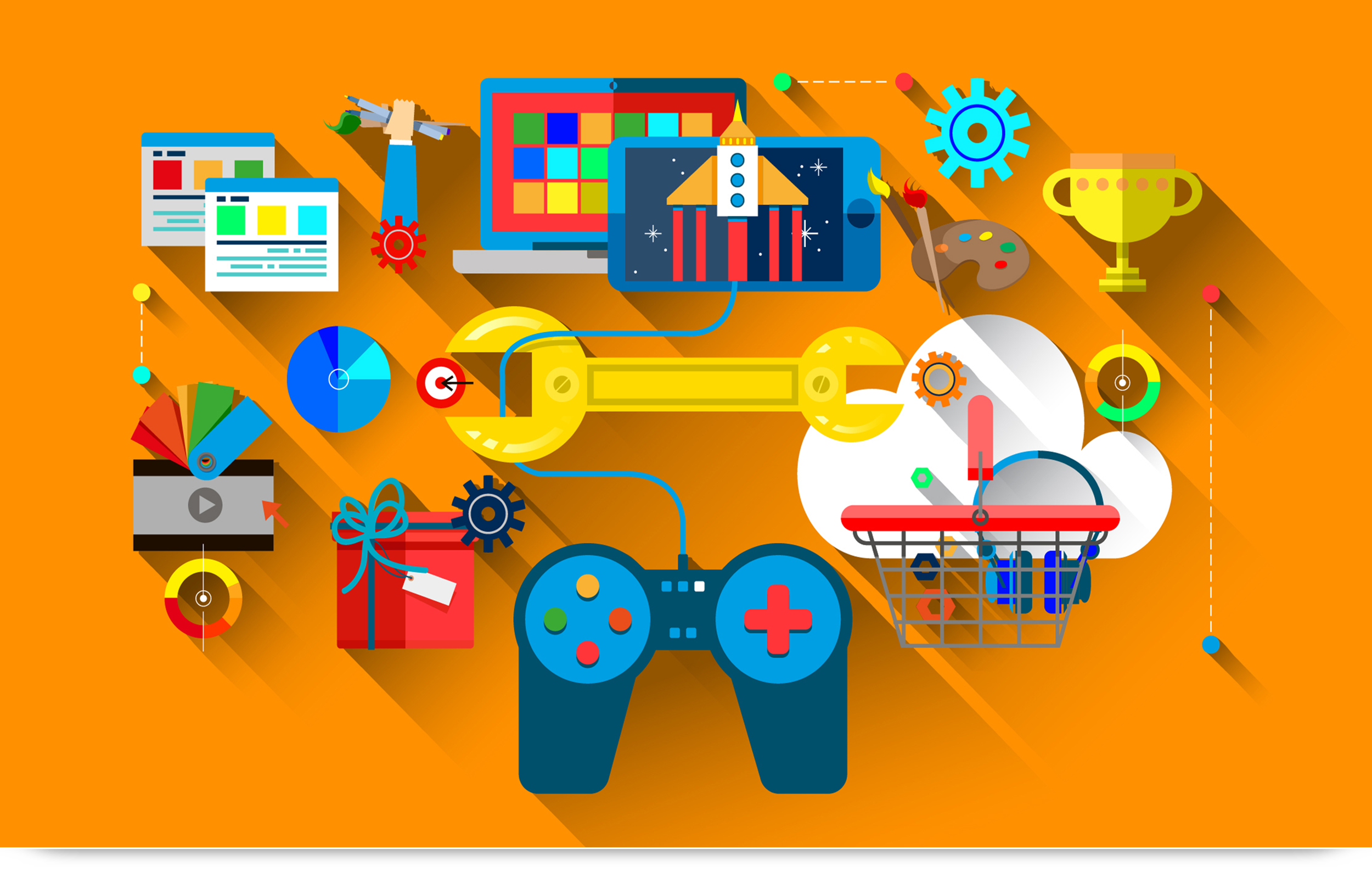 Game developers collaborating on coding, art, and design in a studio environment