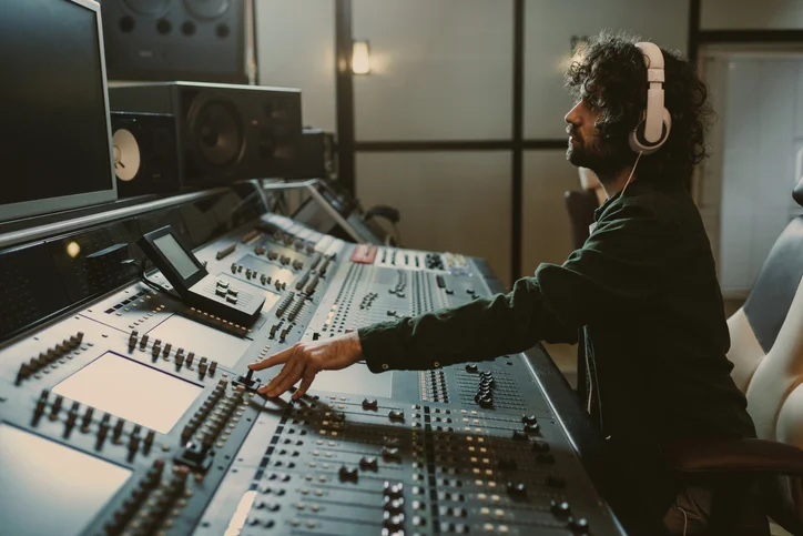 Sound designer recording foley effects and editing audio for a video game