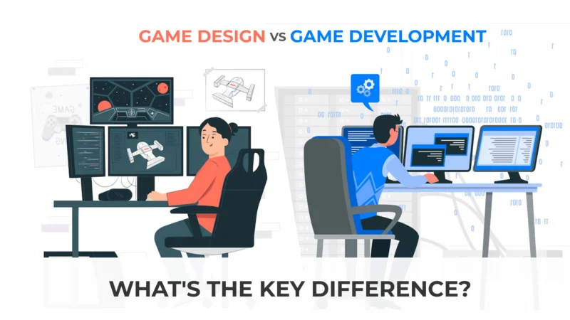 Game developer coding gameplay mechanics while a game designer reviews design