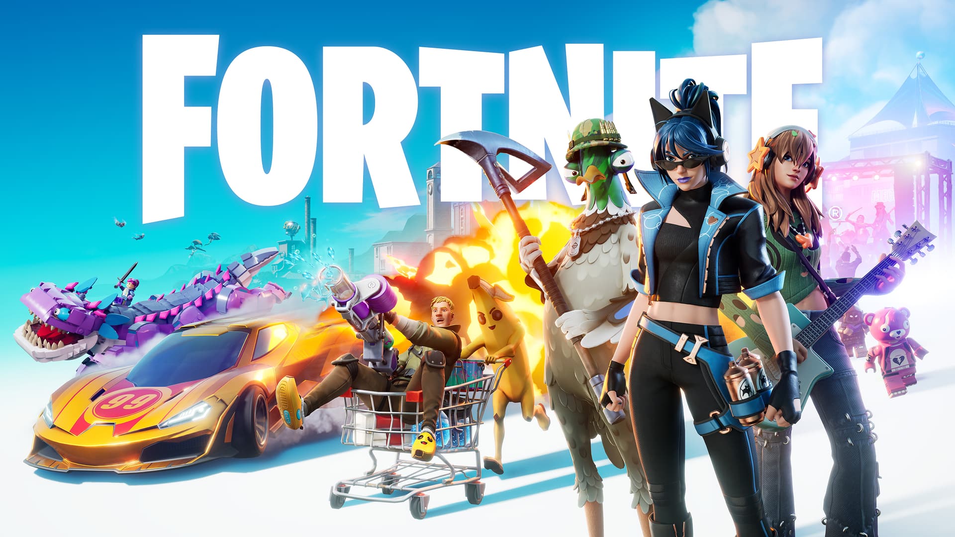 Poster of Fortnite showing stylized characters with bright colors and exaggerated proportions