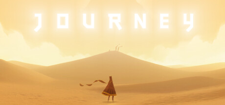 Poster of Journey highlighting a robed character walking through vast low-poly desert landscapes.