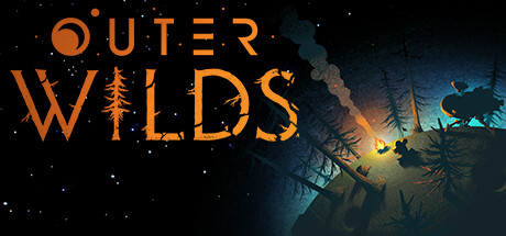 Poster of Outer Wilds featuring a space explorer camping under the stars on an alien planet.