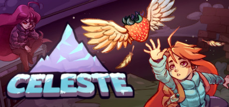 Poster of Celeste featuring pixel art mountains and the main character climbing in retro style.