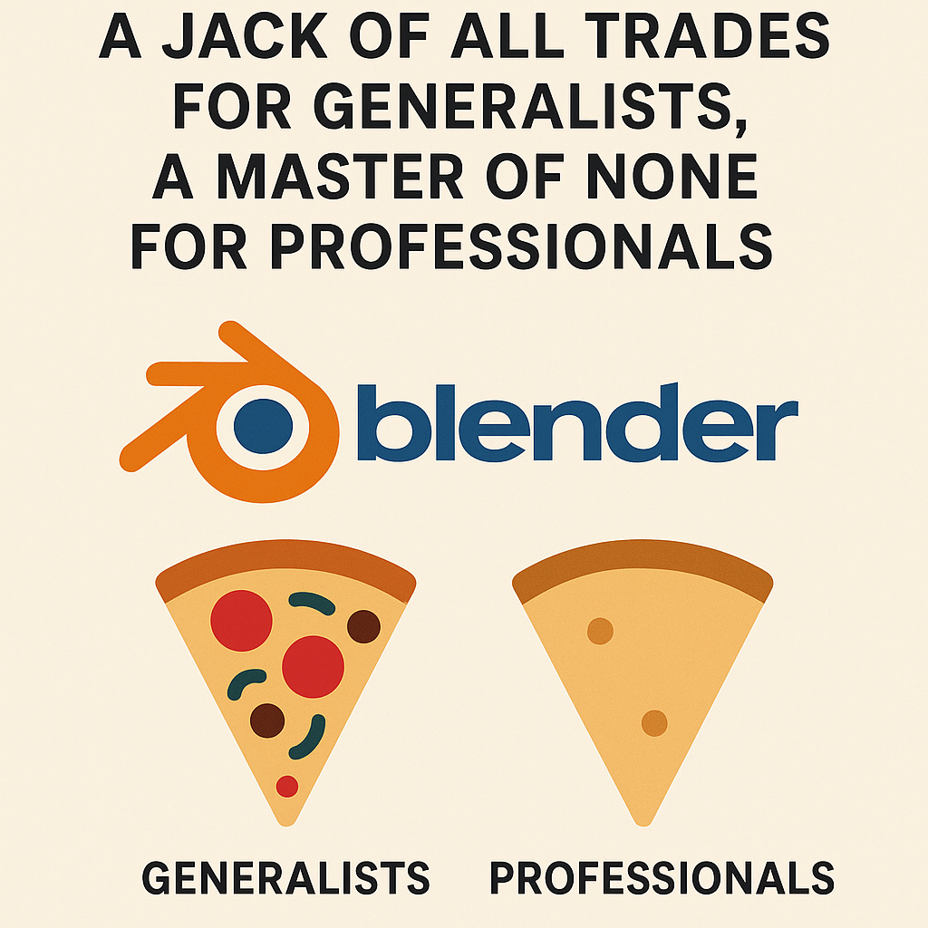 Blender software critique – generalist vs professional use

Blender interface showing modeling tools

Comparison of Blender with Maya and 3ds Max

Blender character modeling limitations

ZBrush vs Blender sculpting workflow

Substance Painter texturing compared with Blender

RizomUV professional UV mapping vs Blender UV

Maya rigging tools vs Blender rigging features

Houdini VFX simulation vs Blender simulation

Blender performance in small projects

Blender crashing on heavy scenes

Blender free software appeal for beginners

Blender add-ons marketplace paid tools

Professional 3D pipeline diagram including Blender

Blender as a generalist’s tool but not for studios