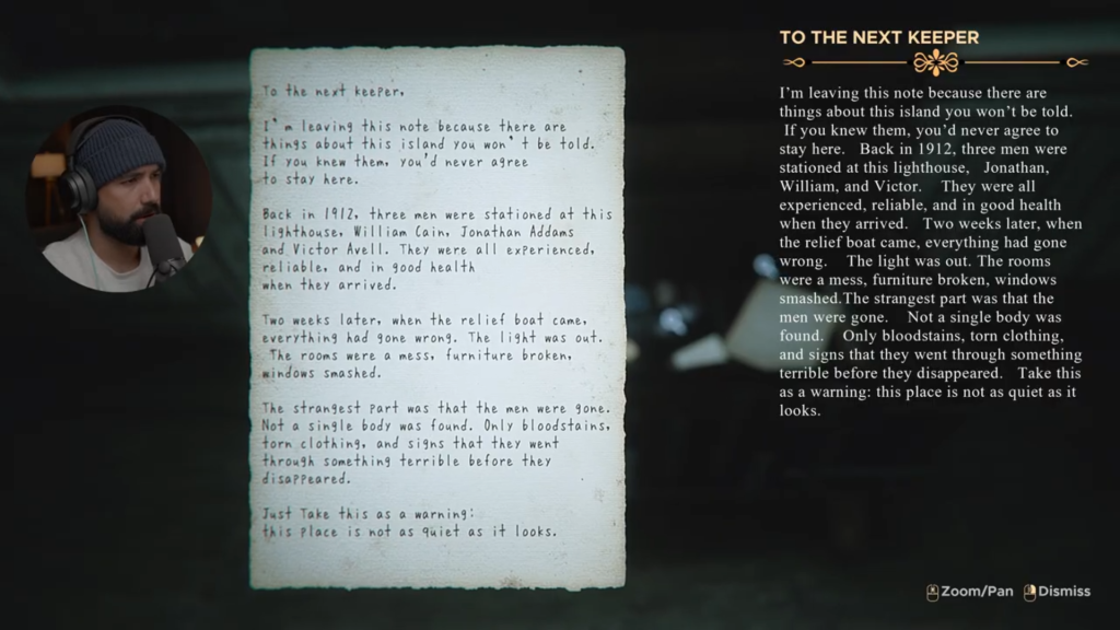 “Screenshot of a handwritten note found in The Lightkeeper. Such notes serve as environmental storytelling devices, providing players with narrative clues and guiding progression. Captured from Hollow’s YouTube walkthrough.”