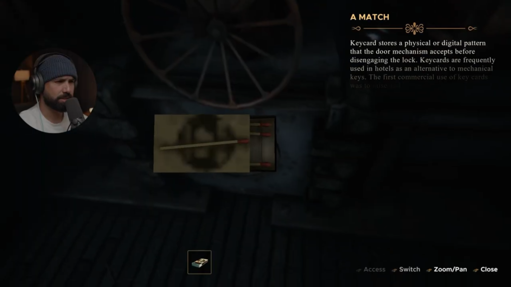 “Close-up screenshot of a matchbox in The Lightkeeper, showing low-resolution textures and less realistic detail compared to the overall environment. Captured from Hollow’s YouTube walkthrough.”