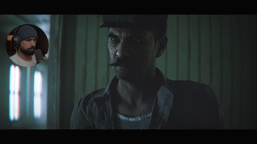 “Close-up screenshot of Arthur, the main character in The Lightkeeper. The image highlights detailed textures and facial rigging, reflecting the studio’s significant progress in character art. Captured from Hollow’s YouTube walkthrough.”
