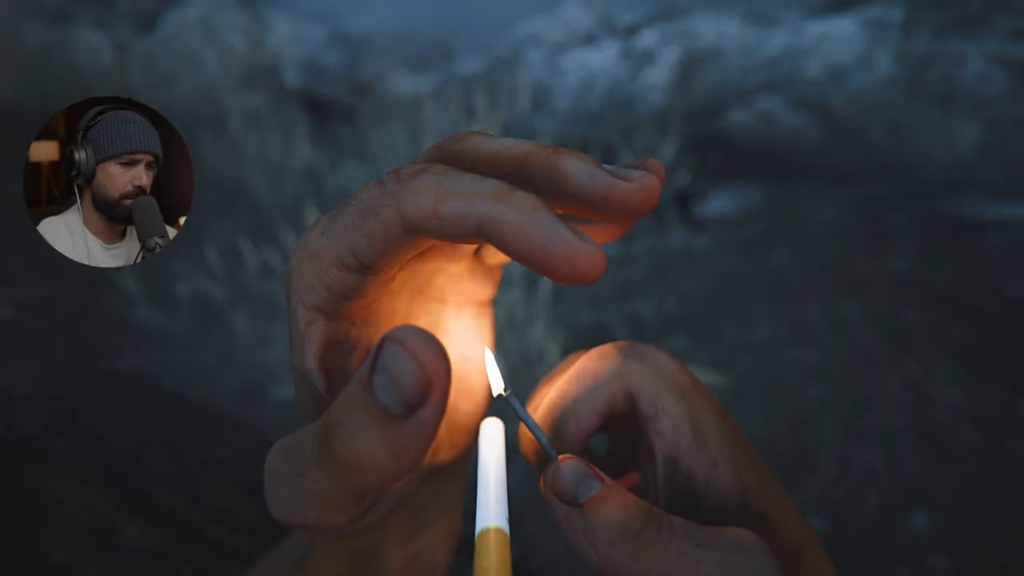 “Screenshot of Arthur smoking a cigarette in The Lightkeeper. This animation stands out as a memorable detail, showcasing smooth character rigging and atmospheric realism. Captured from Hollow’s YouTube walkthrough.”