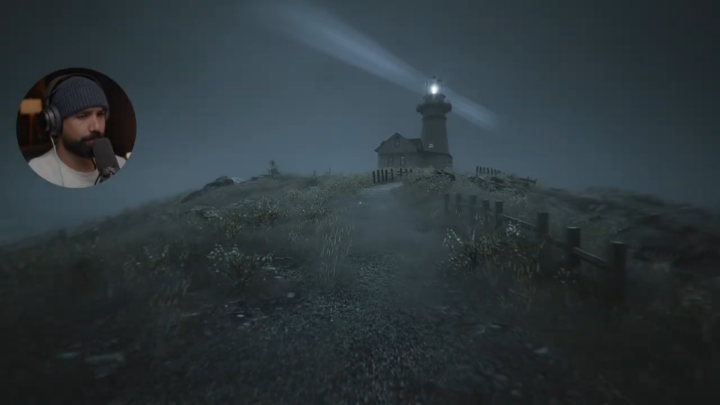 “Screenshot of the lighthouse beam at night in The Lightkeeper. The light projects in a linear, unrealistic way across the island, reflecting both the atmosphere and a notable weakness in the game’s lighting art. Captured from Hollow’s YouTube walkthrough.”