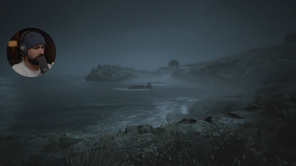 “Screenshot of the shoreline in The Lightkeeper, showing waves hitting the rocks. This scene emphasizes the game’s sound design, where ocean waves and ambient audio build tension and unease. Captured from Hollow’s YouTube walkthrough.”