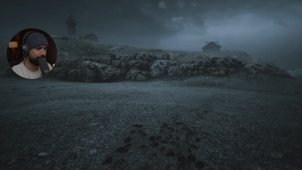 “Screenshot from The Lightkeeper showing the lighthouse tower and foghorn station on a dark island. The image highlights the core genre elements of psychological horror and survival, captured from Hollow’s YouTube walkthrough.”