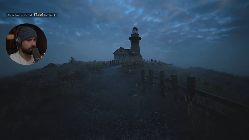 “Distant shot of the lighthouse in The Lightkeeper, captured from the first-person perspective. The image emphasizes scale and isolation, highlighting the camera’s role in building atmosphere. Taken from Hollow’s YouTube walkthrough.”