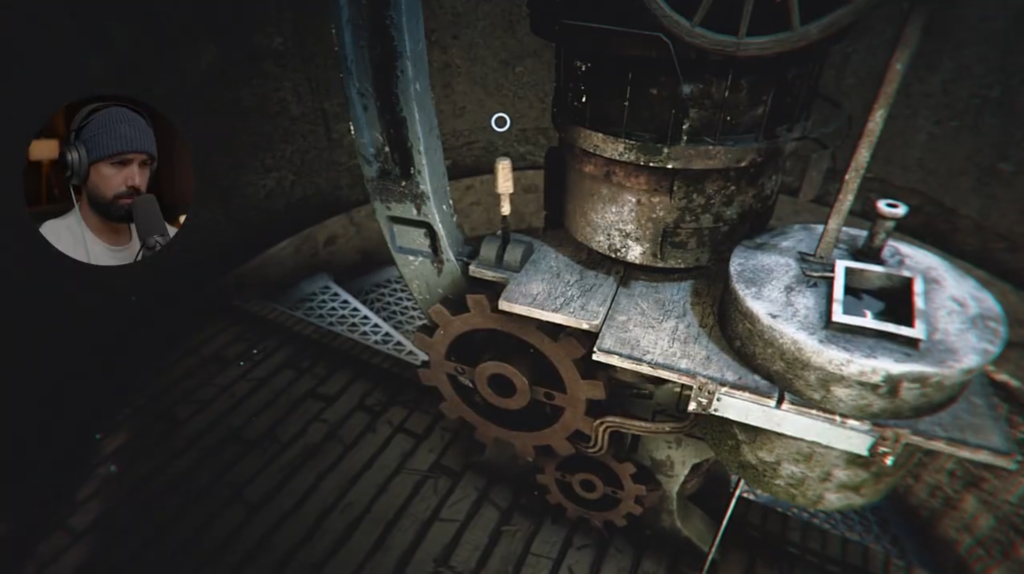 “Screenshot of Arthur pouring oil into the lighthouse lamp in The Lightkeeper. This image illustrates the core gameplay mechanic of maintaining the beacon, captured from Hollow’s YouTube walkthrough.”