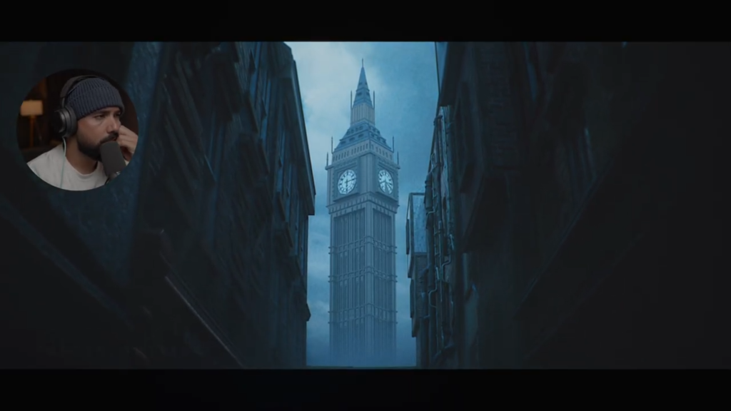 “Screenshot from a cinematic cutscene in The Lightkeeper, showing a clock tower in an urban environment. This moment demonstrates the use of Unreal Engine’s real-time rendering capabilities. Captured from Hollow’s YouTube walkthrough.”