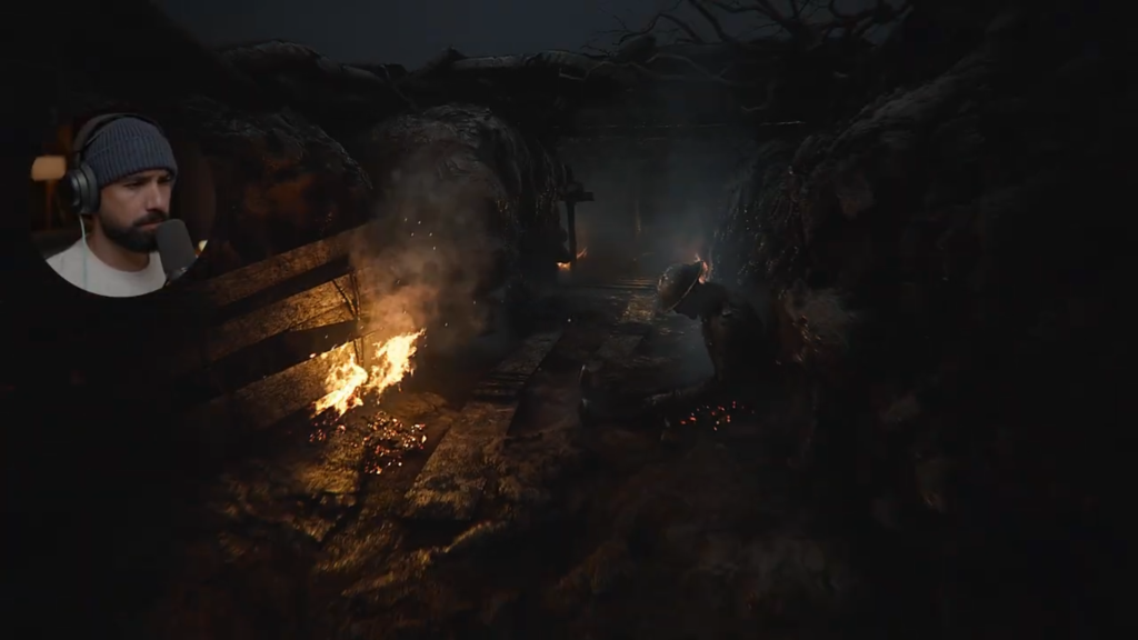 “Screenshot of the war trenches in The Lightkeeper, showing detailed textures and atmospheric design. While visually impressive, the environment is underused in gameplay, serving more as a maze than a fully integrated level. Captured from Hollow’s YouTube walkthrough.”