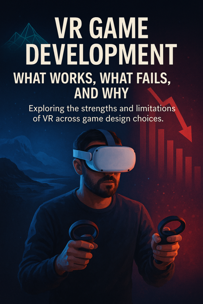 A realistic digital poster for an article titled "VR Game Development: What Works, What Fails, and Why," featuring a VR headset glowing in a futuristic environment, surrounded by holographic game elements such as horror shadows, racing tracks, puzzle symbols, and a fantasy world, representing different game genres in VR.